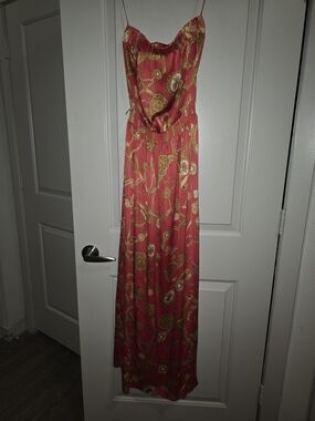 Cache Strapless Coral and Gold Maxi Dress